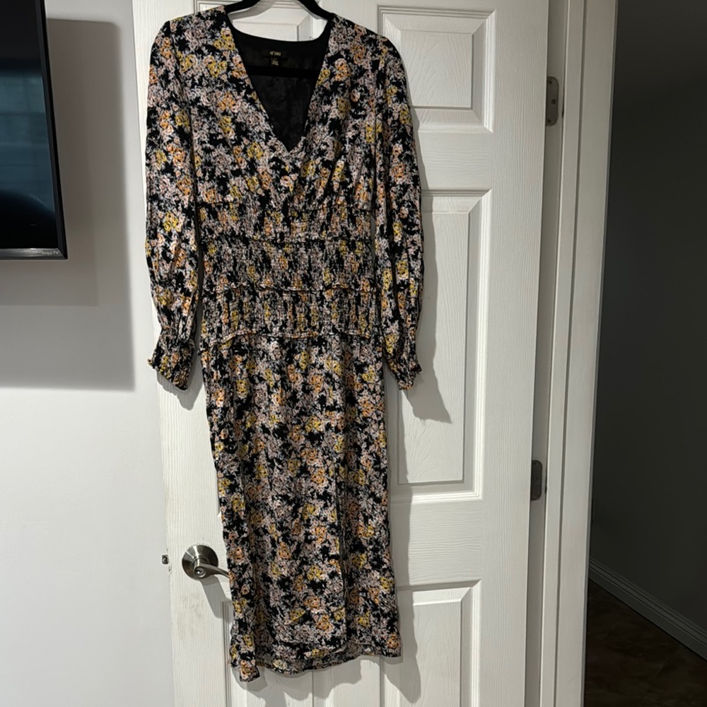 AFRM Black and Gold Sheath Dress with Slit and Bishop Sleeves